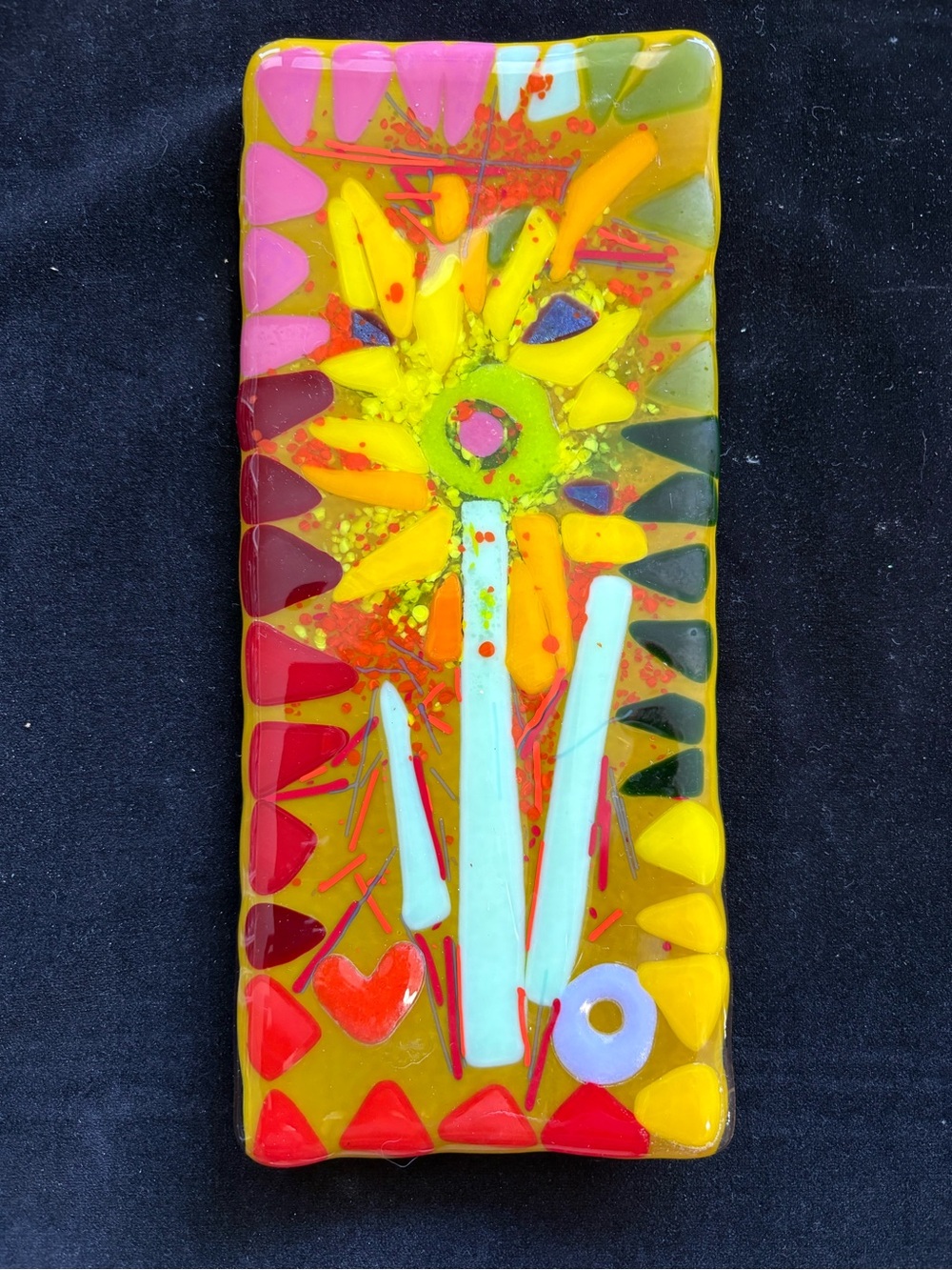Wild Sunflower“ Original Fused Art Glass  Handmade 9”x4”Rectangular Tray